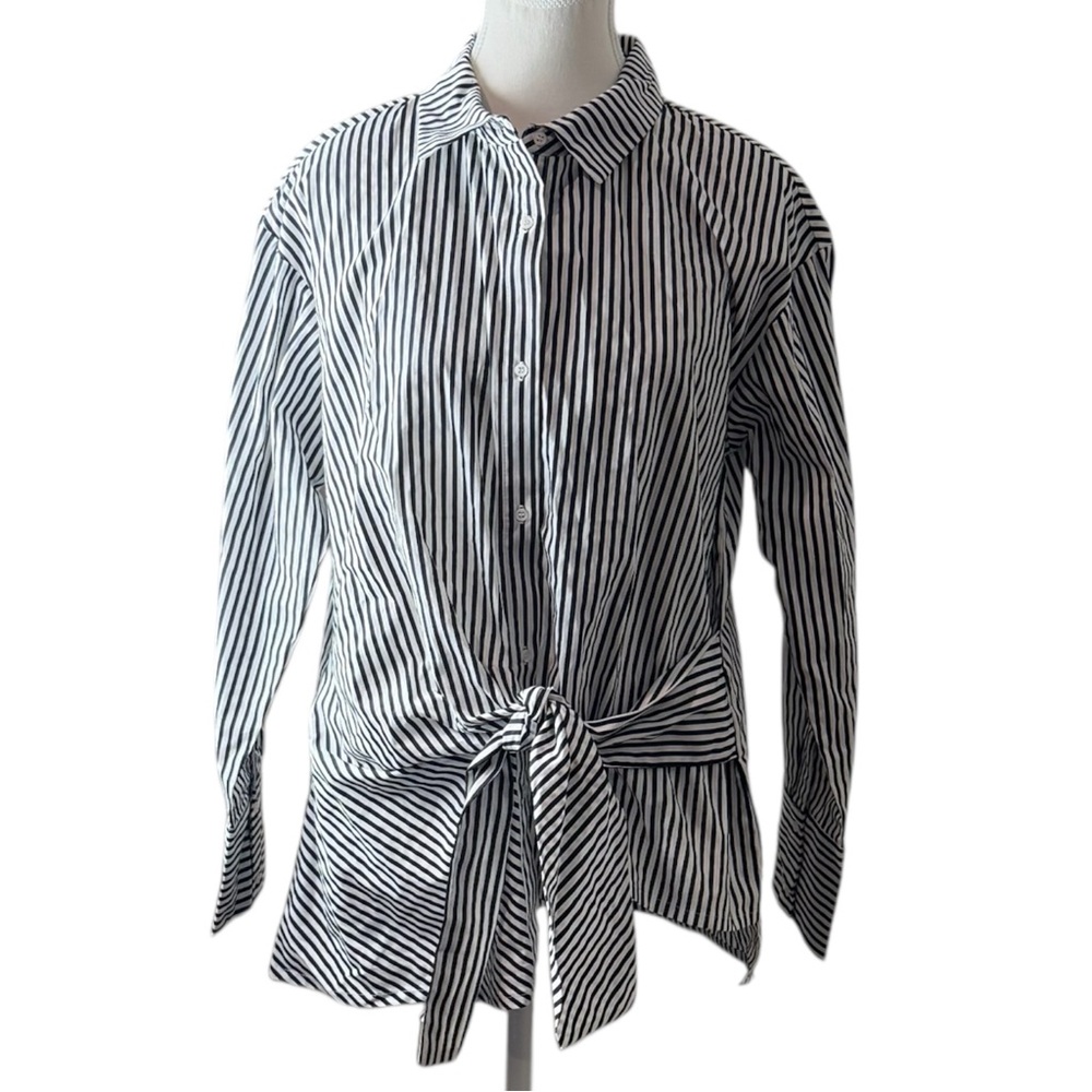 Kensie Jeans Women’s L Black White Striped Tie Front Button Shirt Cotton